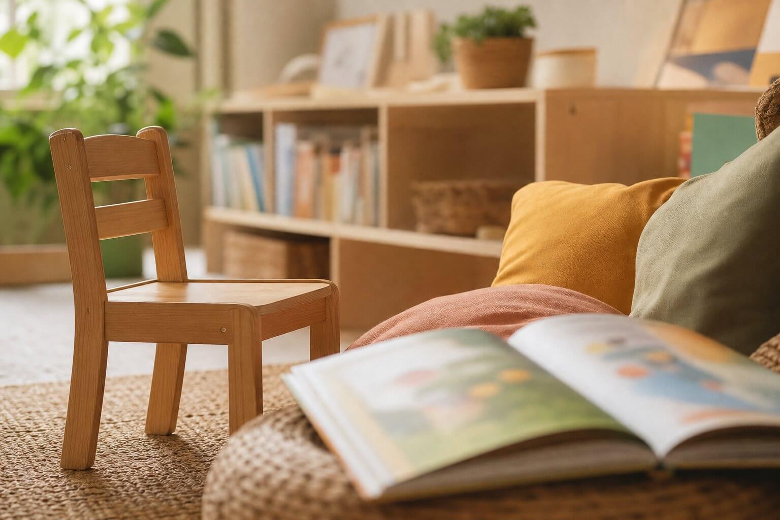 Coin lecture douillet d'une classe, petite chaise et livre ouvert, ambiance accueillante
