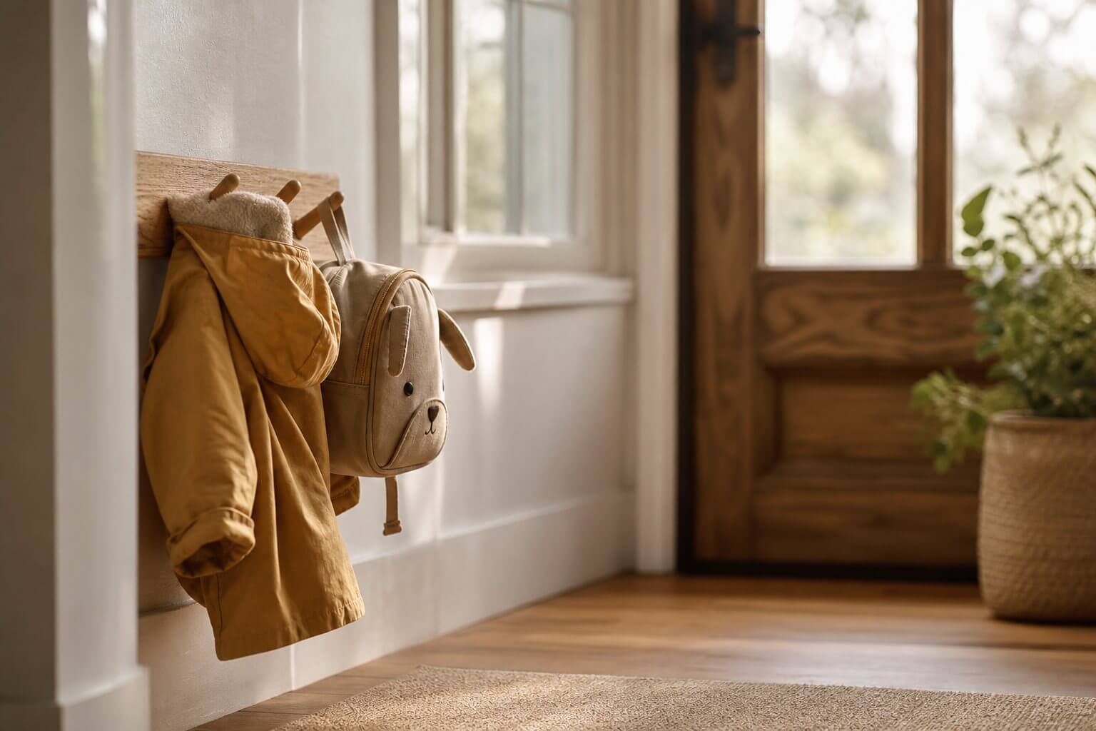 Petit manteau et cartable accrochés près d'une porte, lumière douce du matin