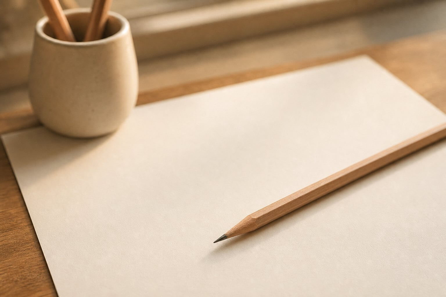 Crayon bien taillé posé sur une feuille vierge, ambiance d'apprentissage de l'écriture
