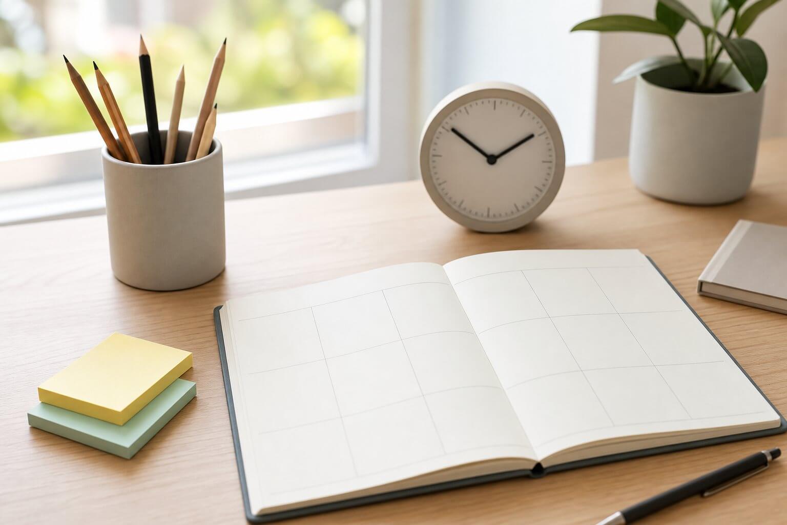 Bureau ordonné avec agenda vierge et crayons, ambiance organisée