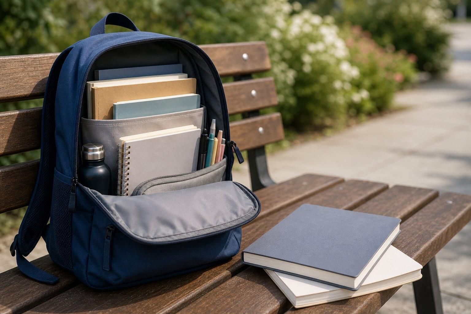 Cartable bien organisé posé sur un banc, ambiance pratique et nette