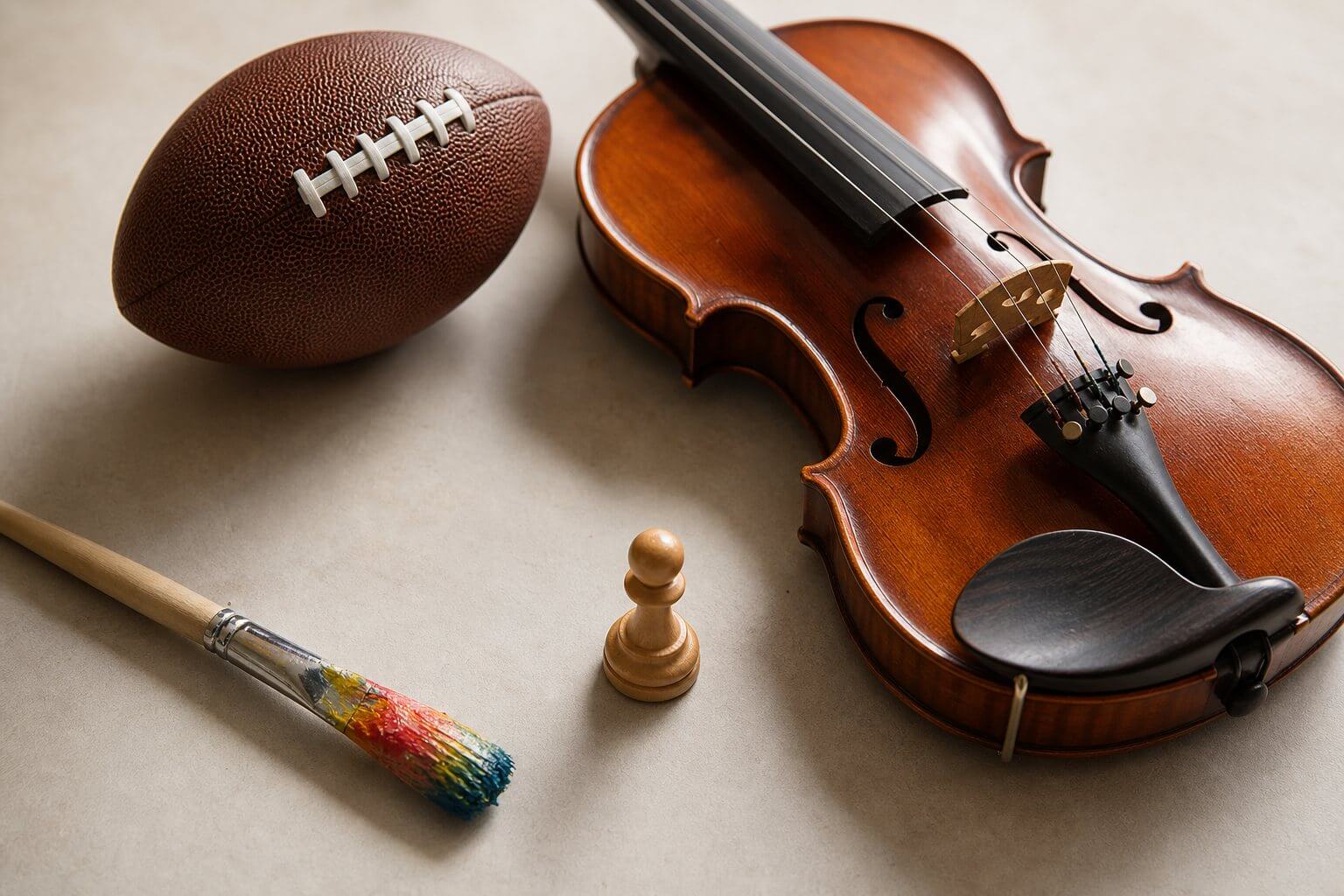 Objets d'activités extrascolaires réunis : ballon, violon, pinceau, ambiance variée