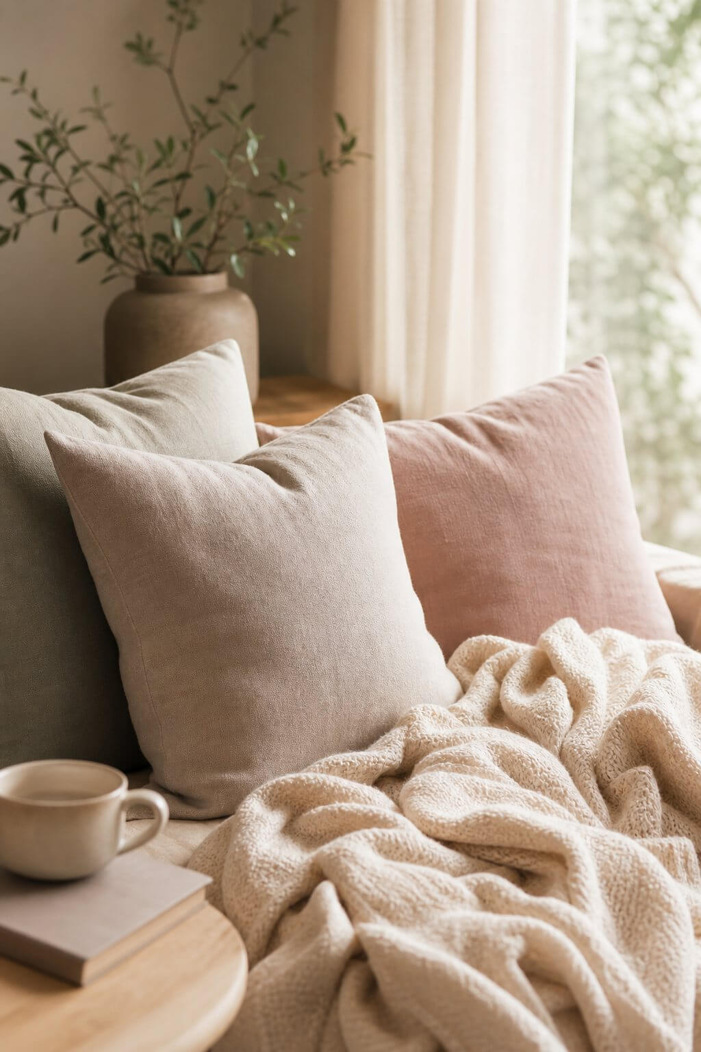 Coin doux et apaisant avec coussins et plaid, ambiance rassurante