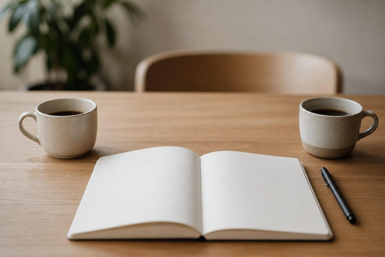 Bureau avec cahier ouvert et deux tasses face à face, ambiance de dialogue