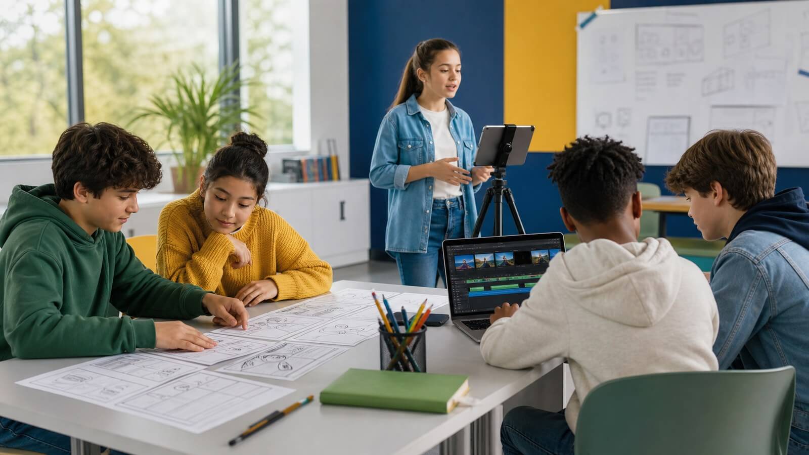 Des collégiens préparent, enregistrent et montent un projet vidéo éducatif en classe