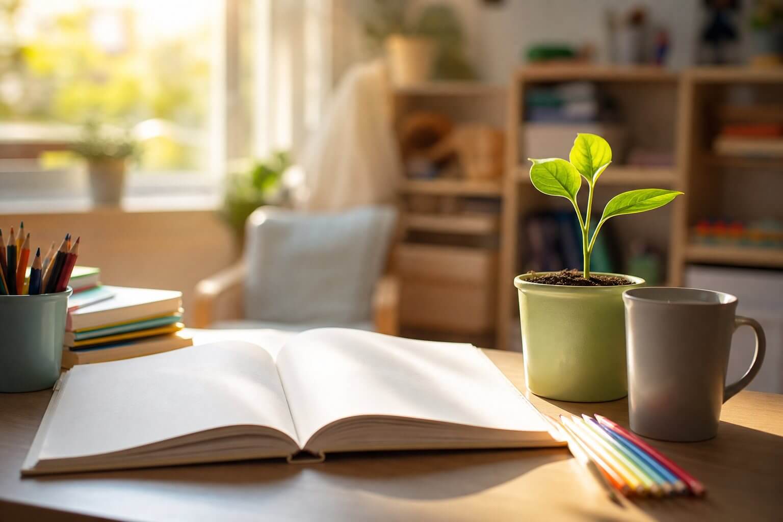 Coin de travail lumineux d’un enfant, symbole de confiance et de progrès scolaire