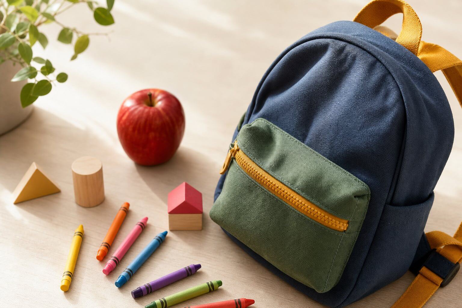 Fournitures de premier jour d'école : cartable, crayons et pomme, ambiance de rentrée