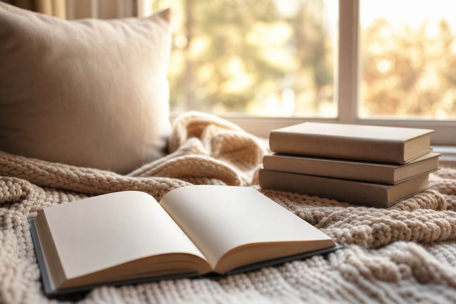 Coin lecture douillet près d'une fenêtre, livre ouvert et ambiance chaleureuse