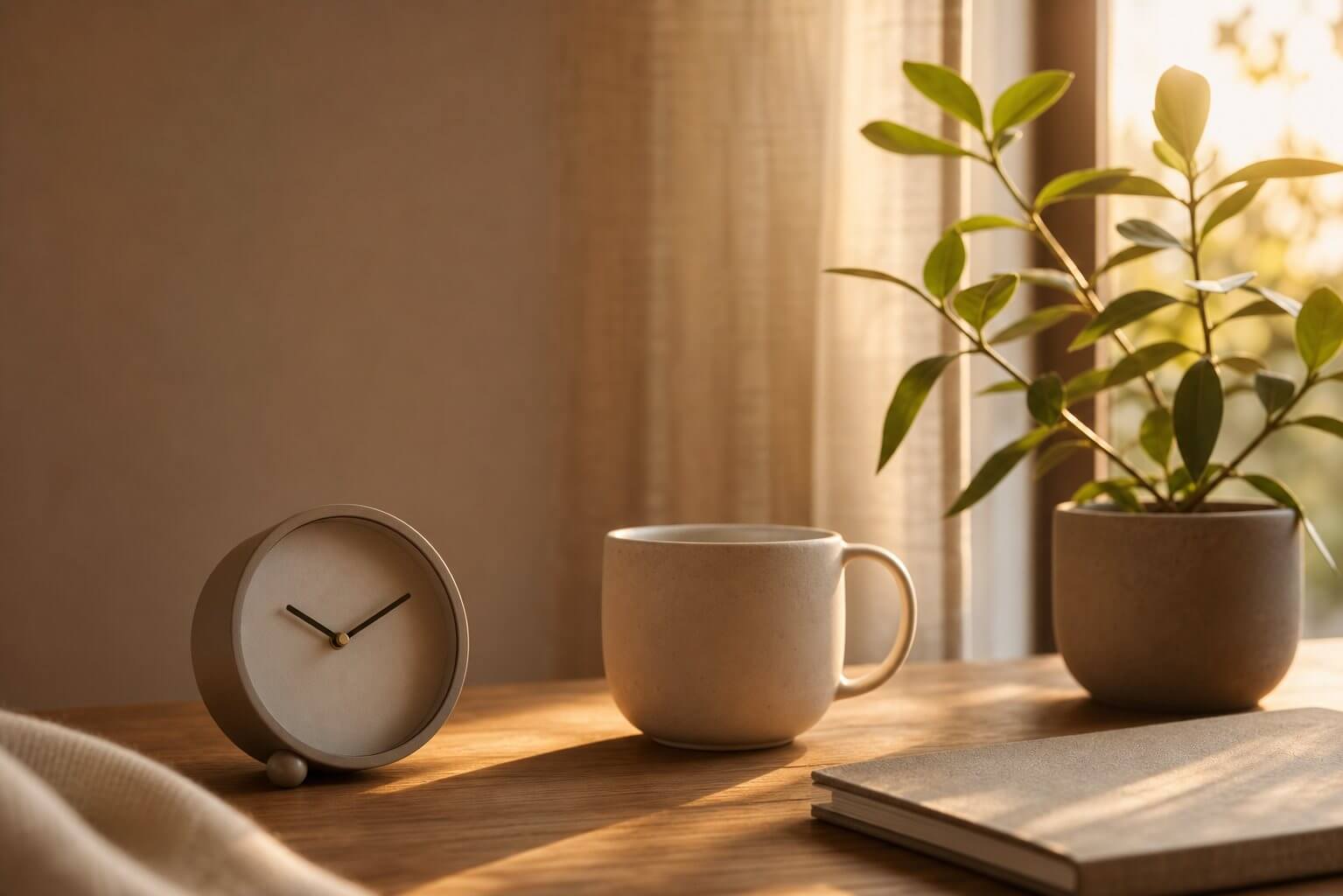 Bureau calme du soir avec horloge et plante, ambiance reposante