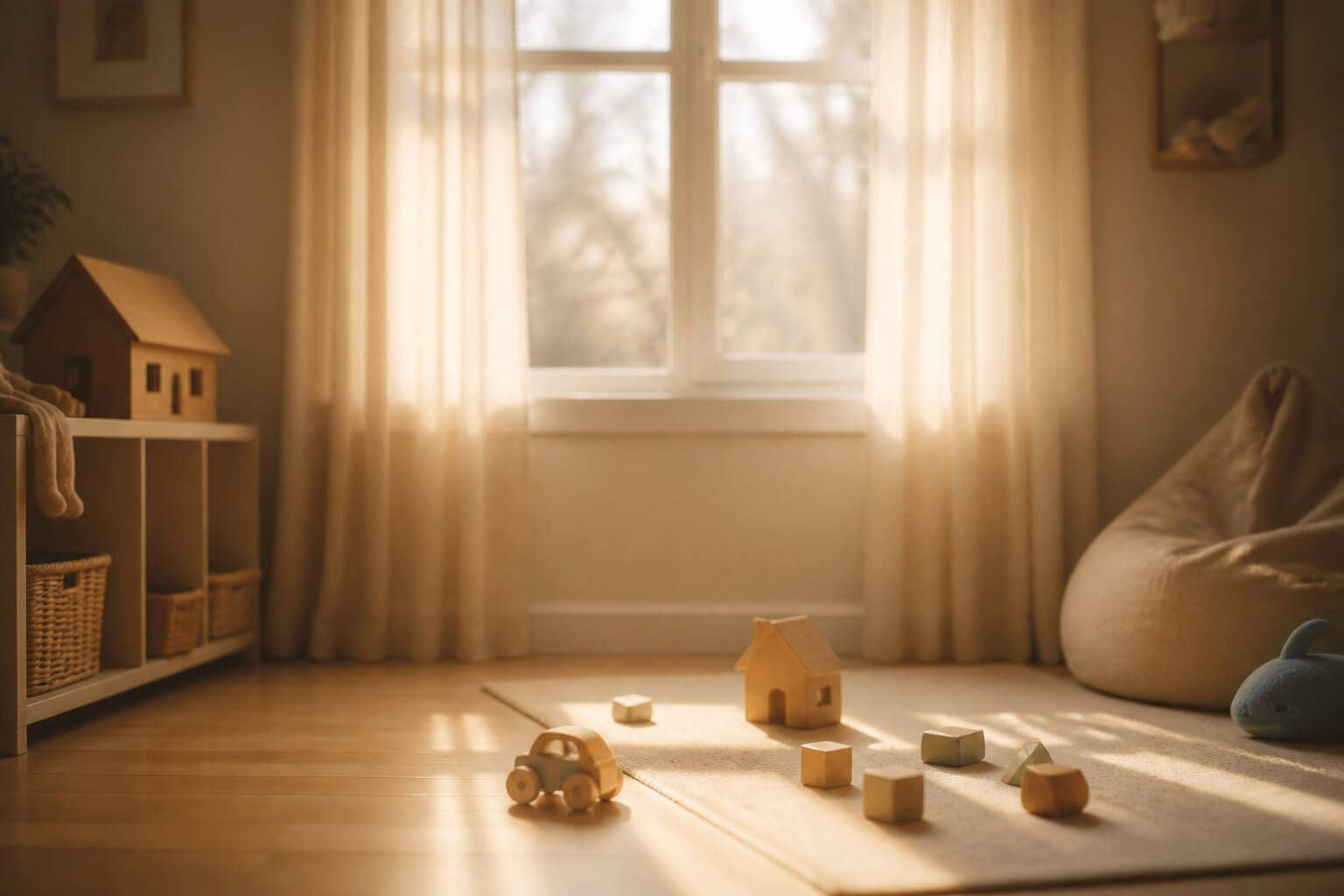 Chambre d'enfant paisible avec quelques jouets, lumière douce et rêveuse