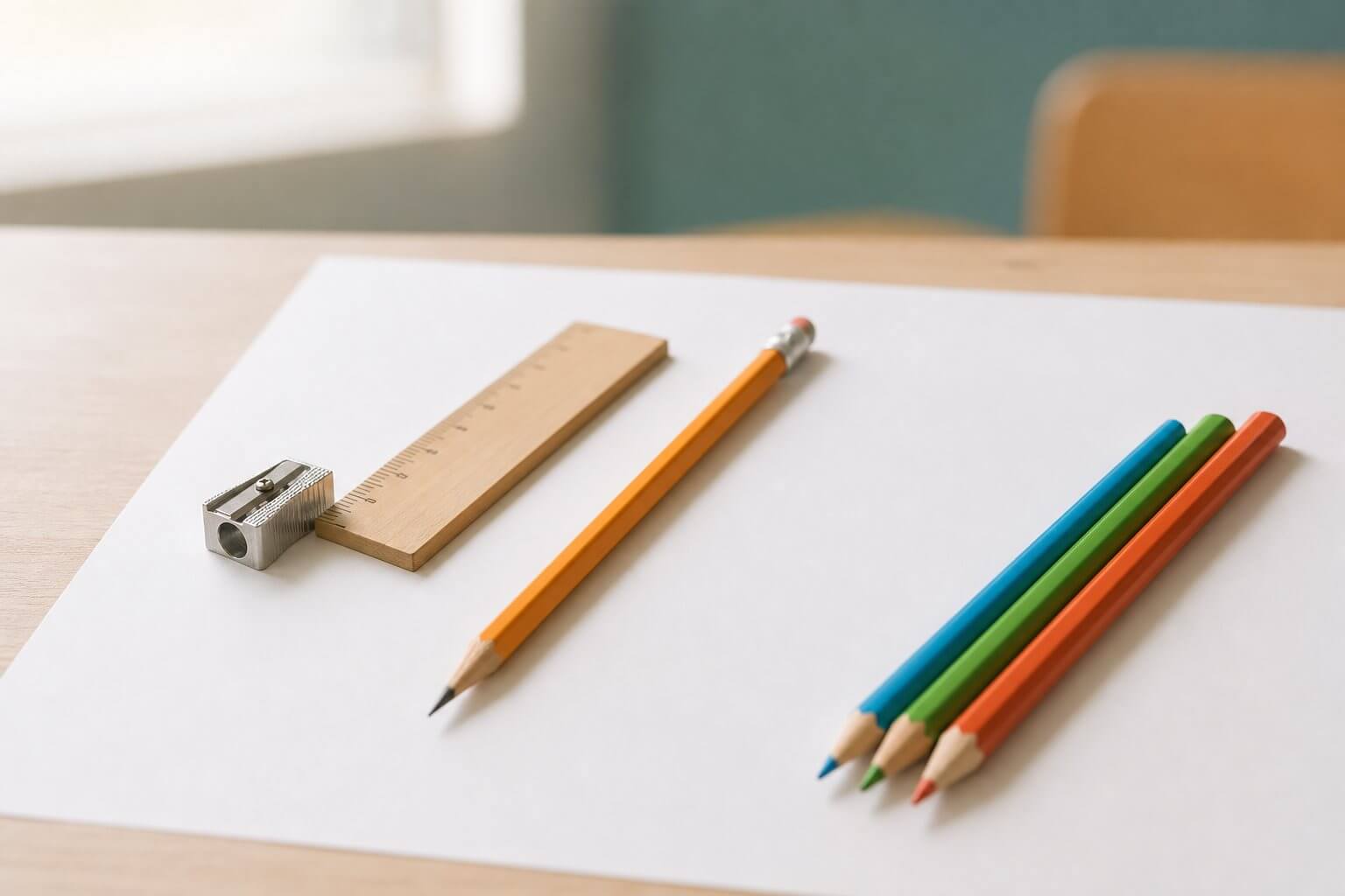 Bureau d’élève ordonné avec crayons et règle, préparation sereine aux évaluations