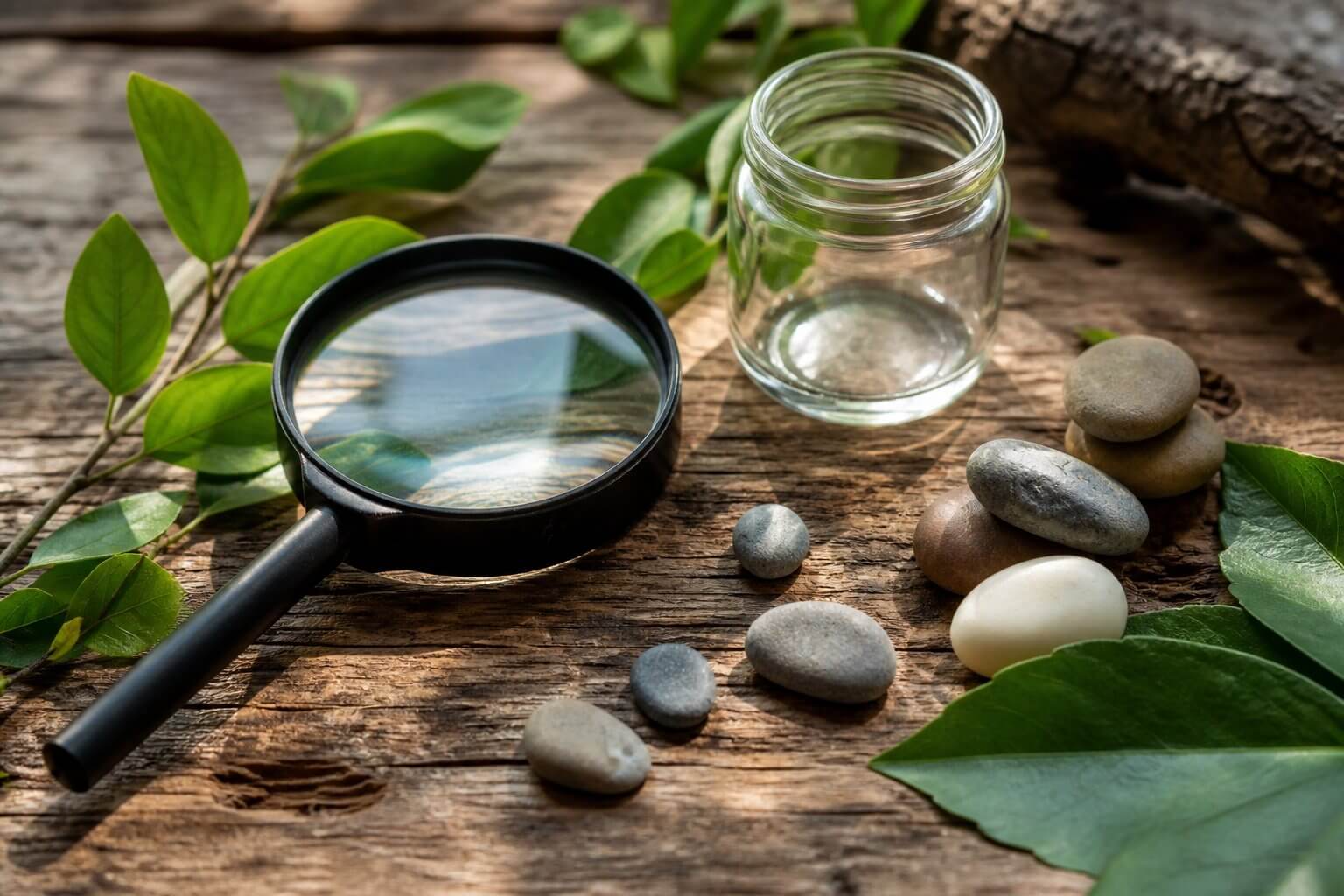 Objets de découverte : loupe, feuilles et bocal sur une table, ambiance curieuse