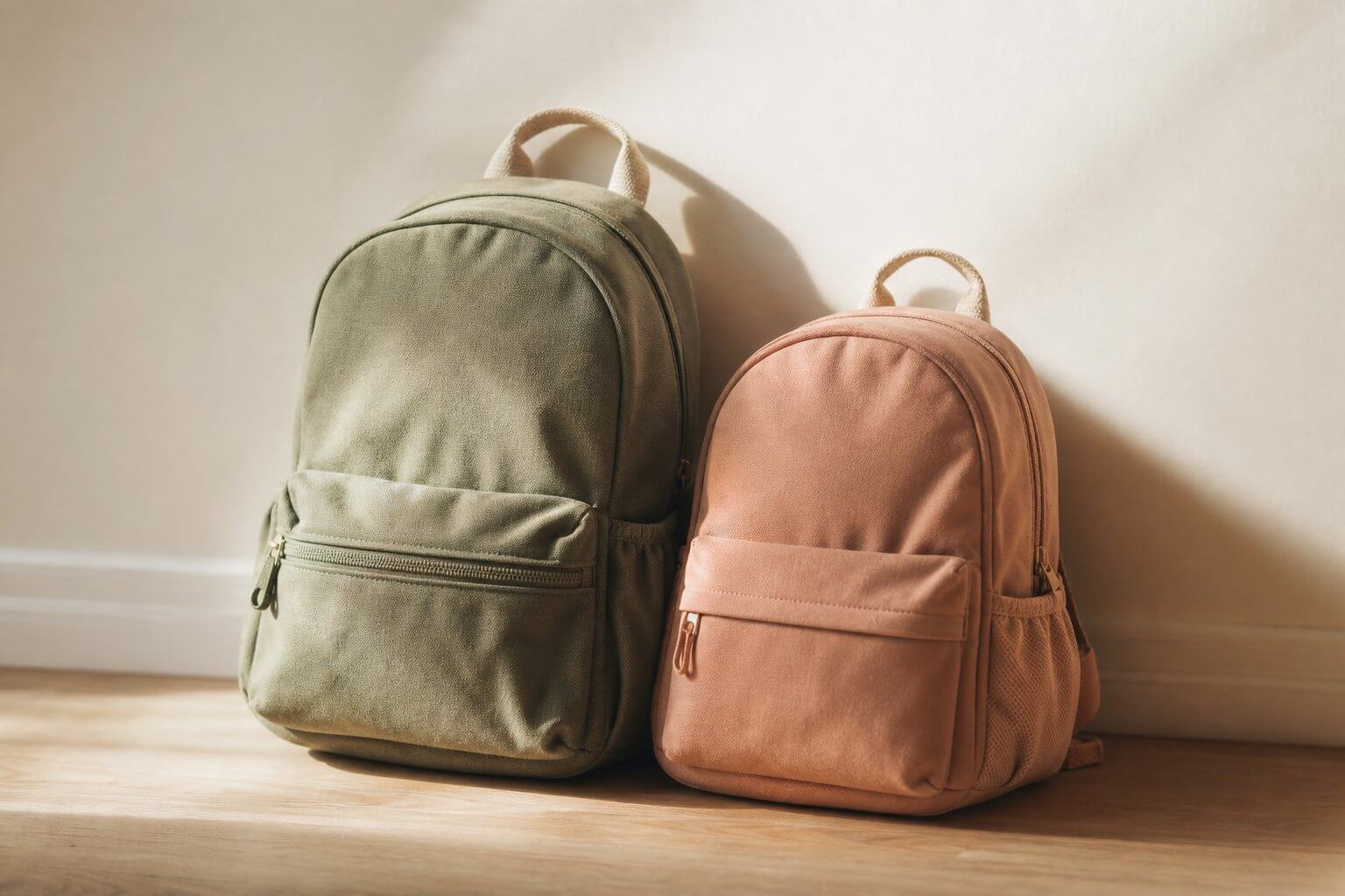 Deux petits cartables de couleurs différentes côte à côte, thème de la fratrie