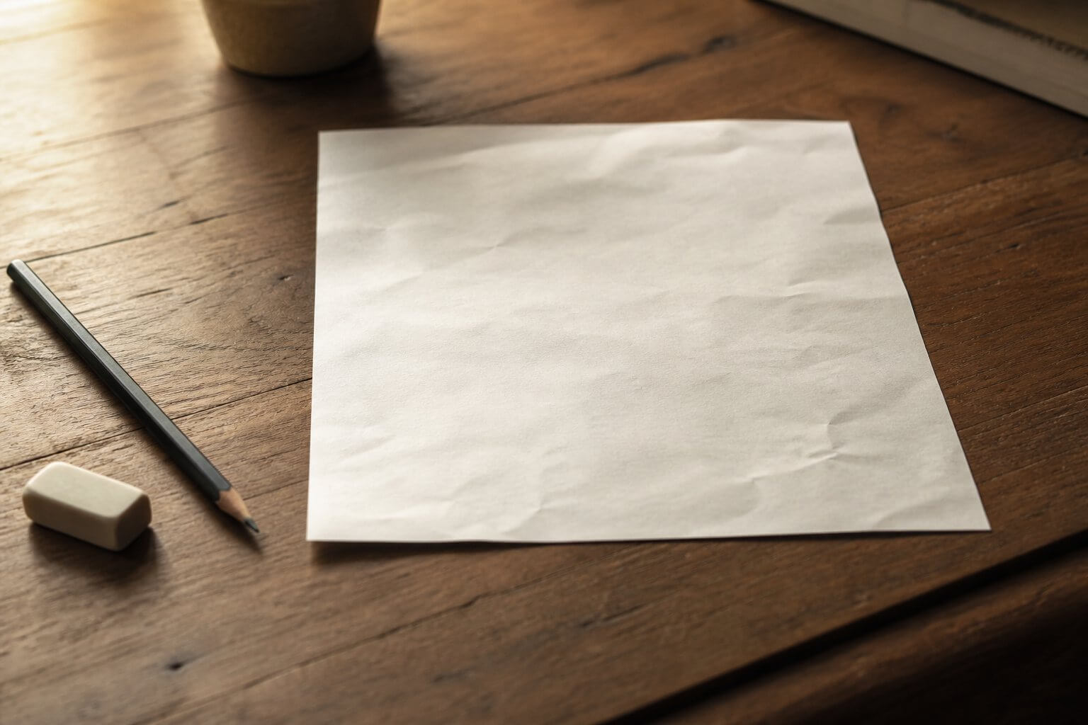 Feuille froissée délicatement lissée sur un bureau, symbole du droit à l'erreur