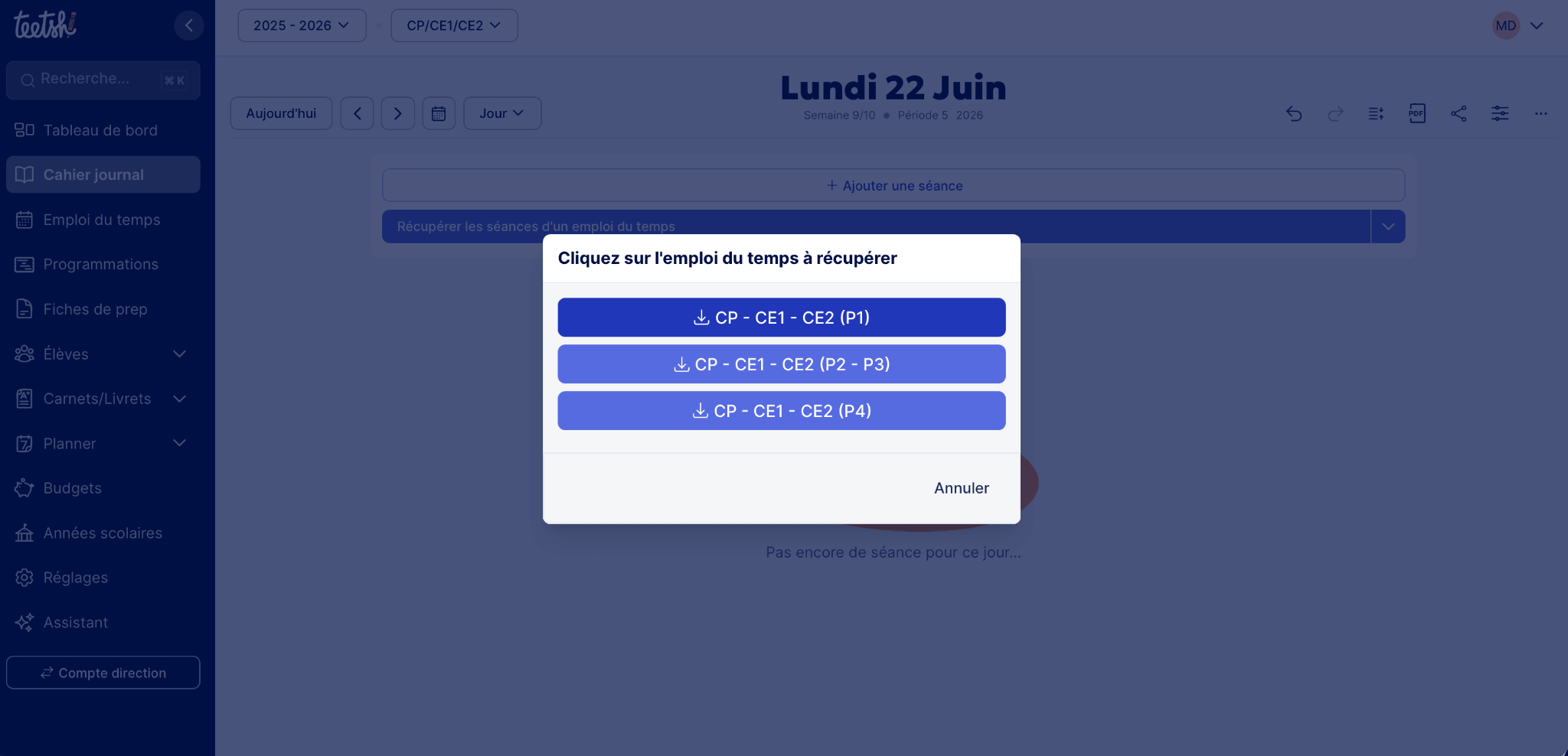 Récupération des séances de l’emploi du temps dans le cahier journal