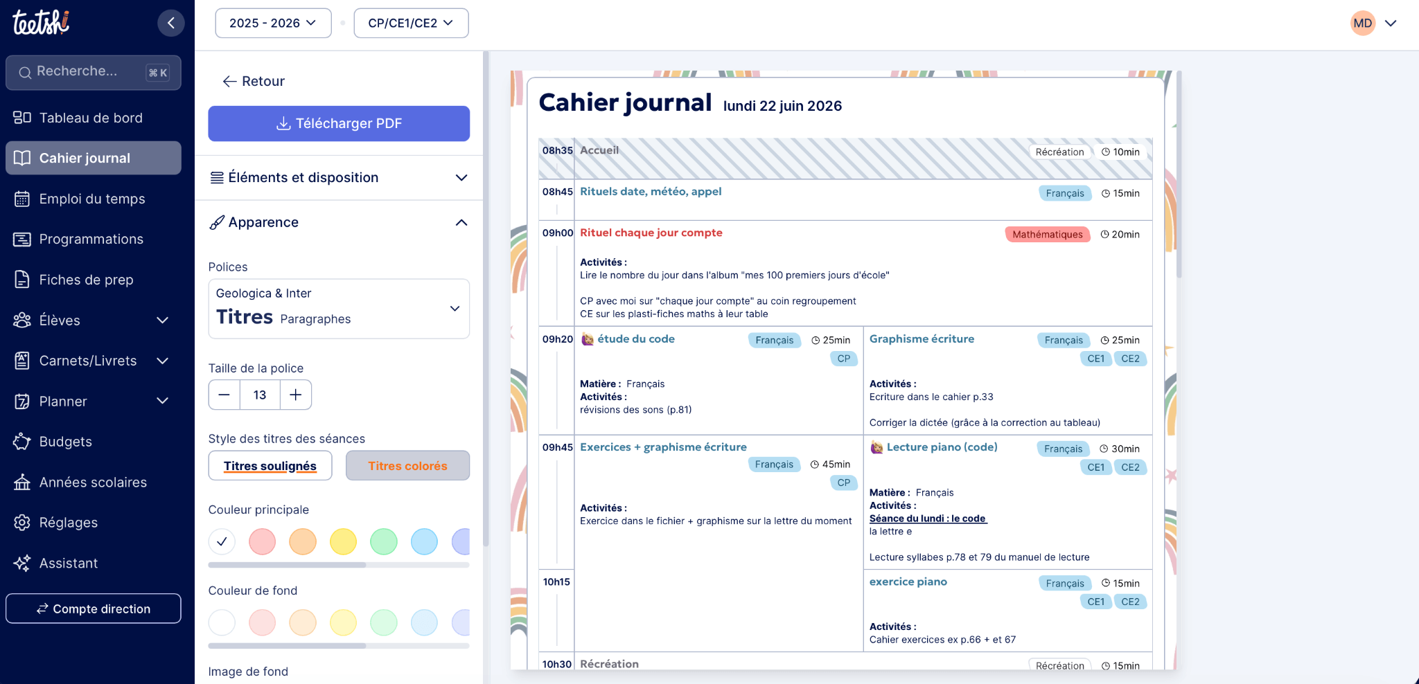 Cahier journal complet prêt à être exporté en PDF