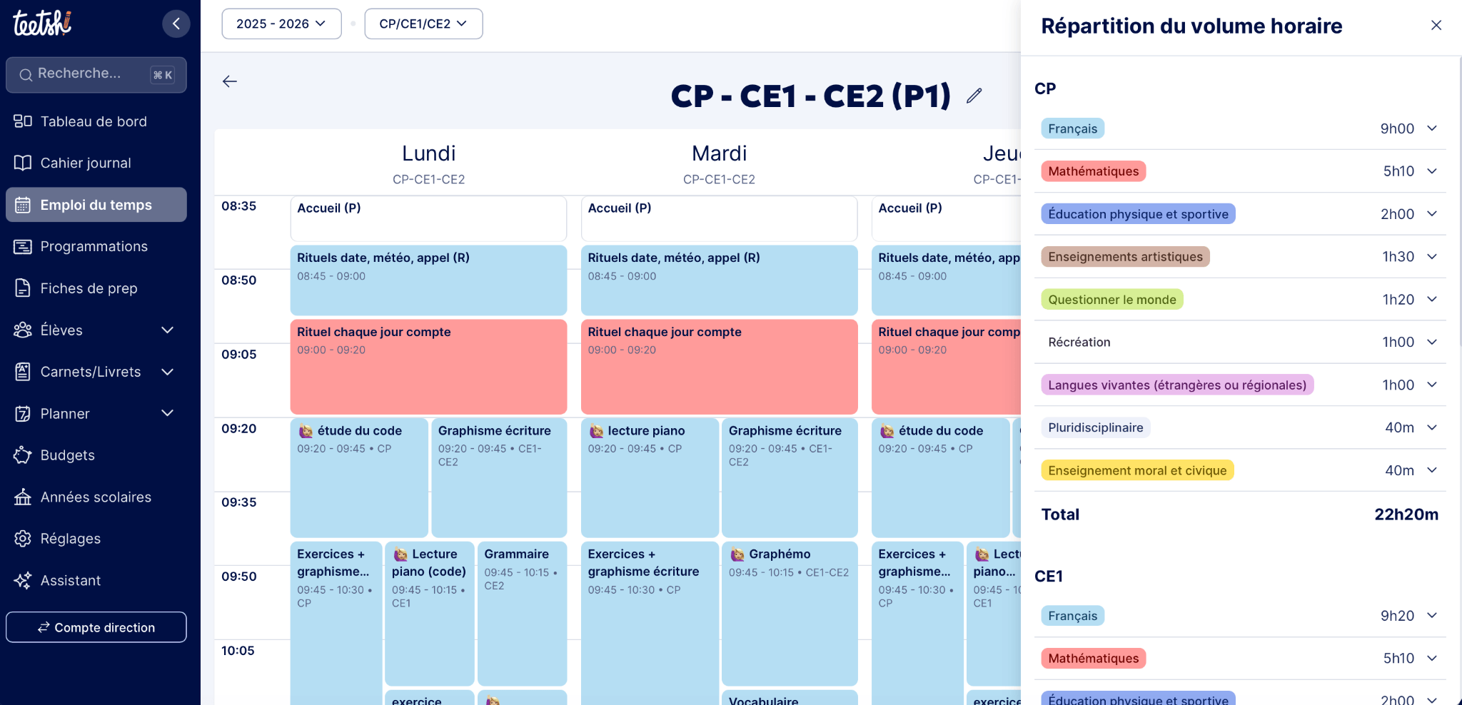 Emploi du temps de CP, CE1 et CE2 sur Teetsh avec répartition automatique du volume horaire