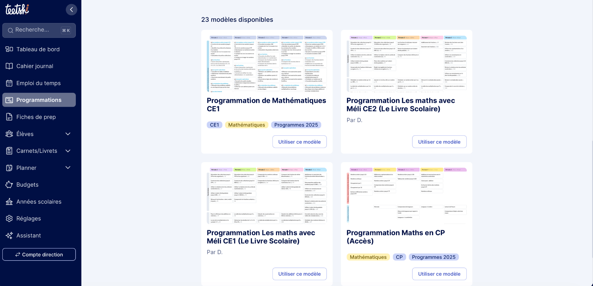 Bibliothèque de modèles de programmations disponible dans Teetsh