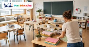 Enseignante préparant sa classe avec les logos Teetsh et Pass Éducation