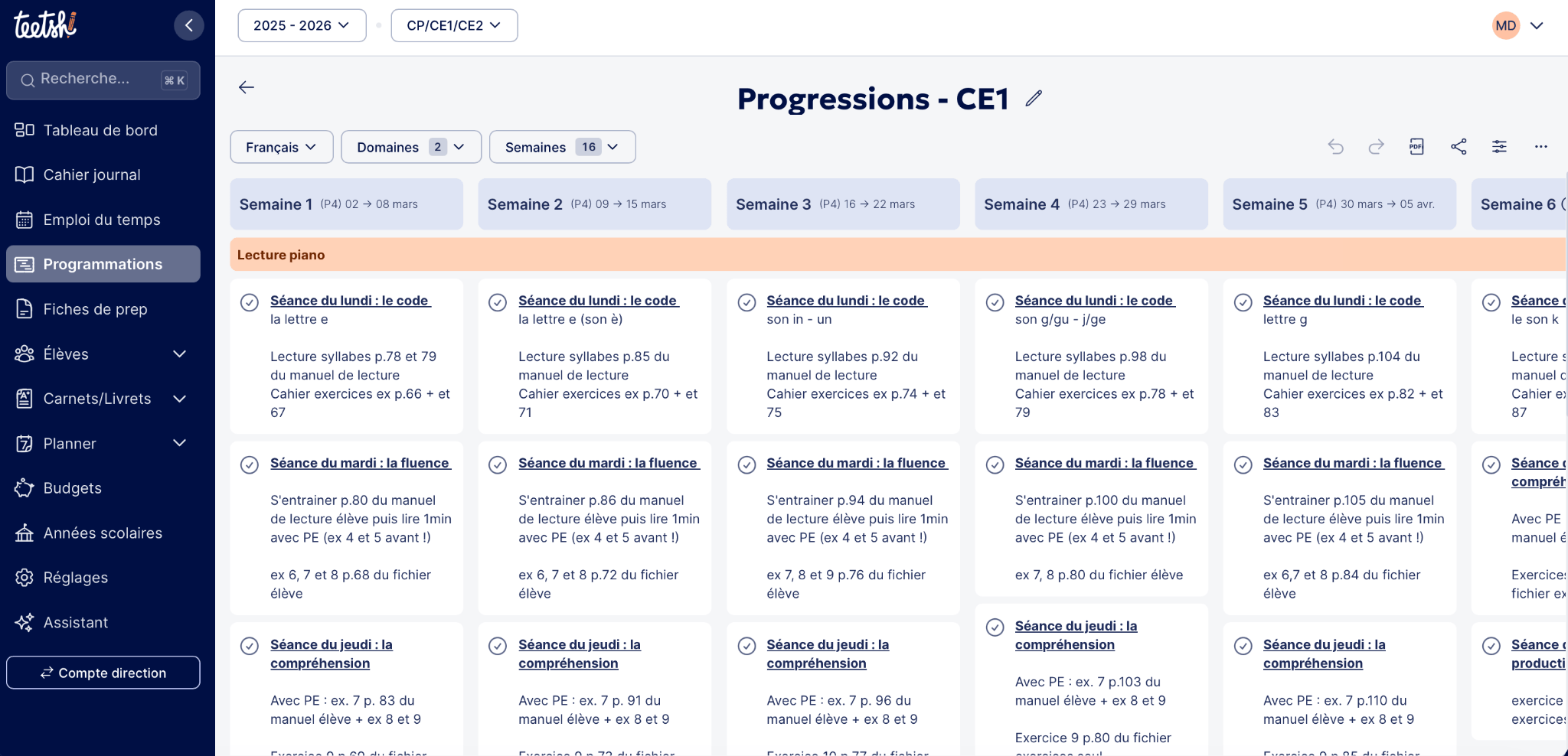 Exemple de progression détaillée en français CE1, semaine par semaine