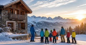 Des enfants et leurs moniteurs devant un chalet dans les Alpes suisses