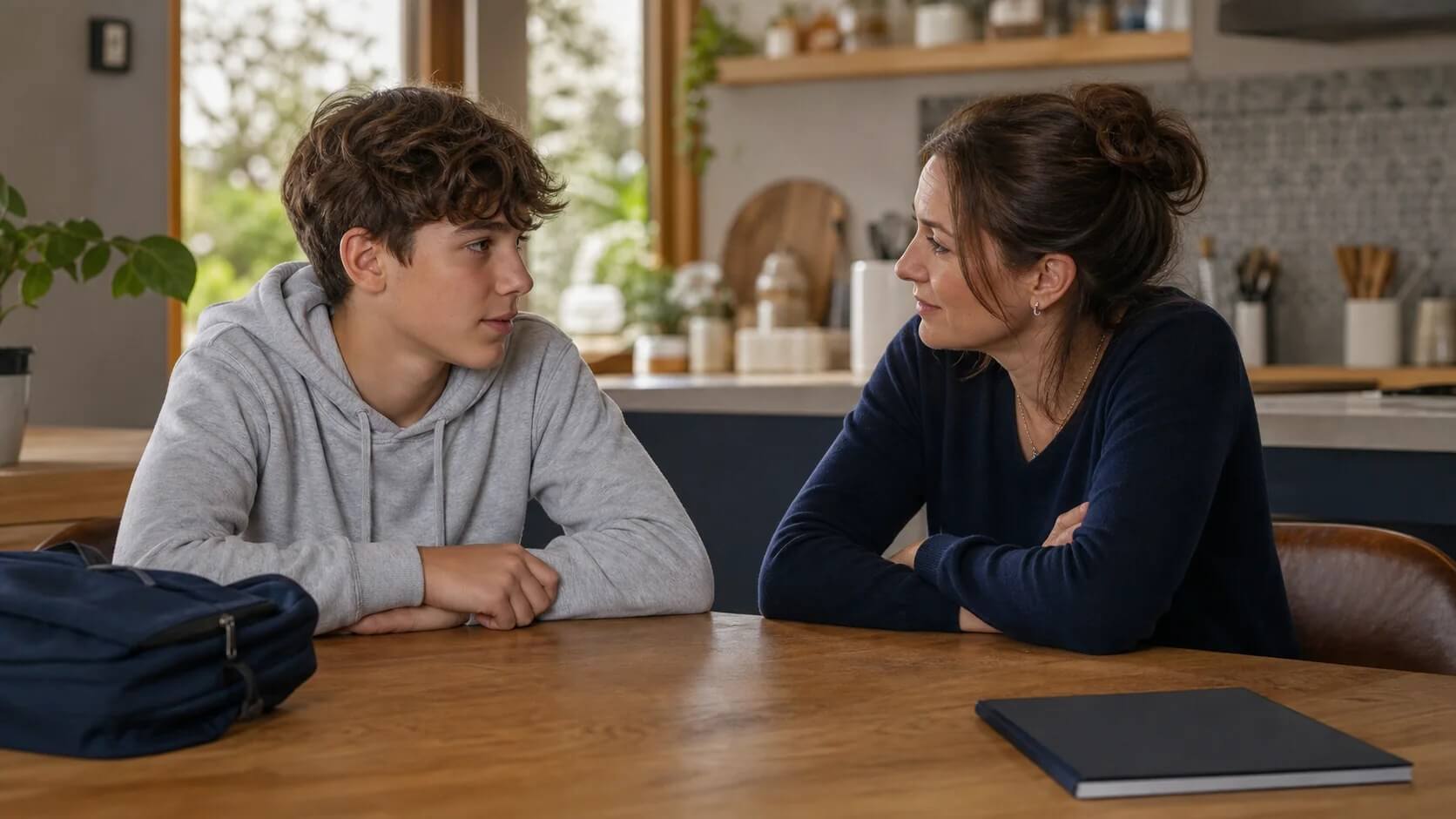 Parent échangeant calmement avec un adolescent démotivé par l’école
