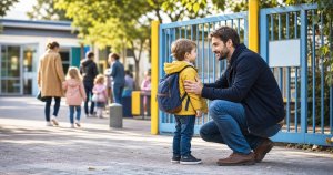 Un parent rassure son enfant devant une école maternelle le jour de la rentrée