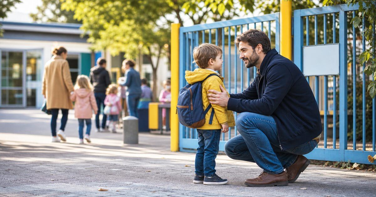 Un parent rassure son enfant devant une école maternelle le jour de la rentrée