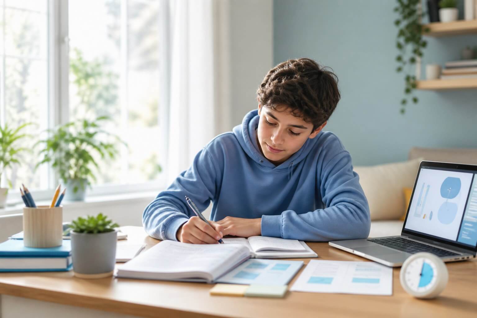 Un collégien révise dans un cahier avec un ordinateur et un minuteur de concentration