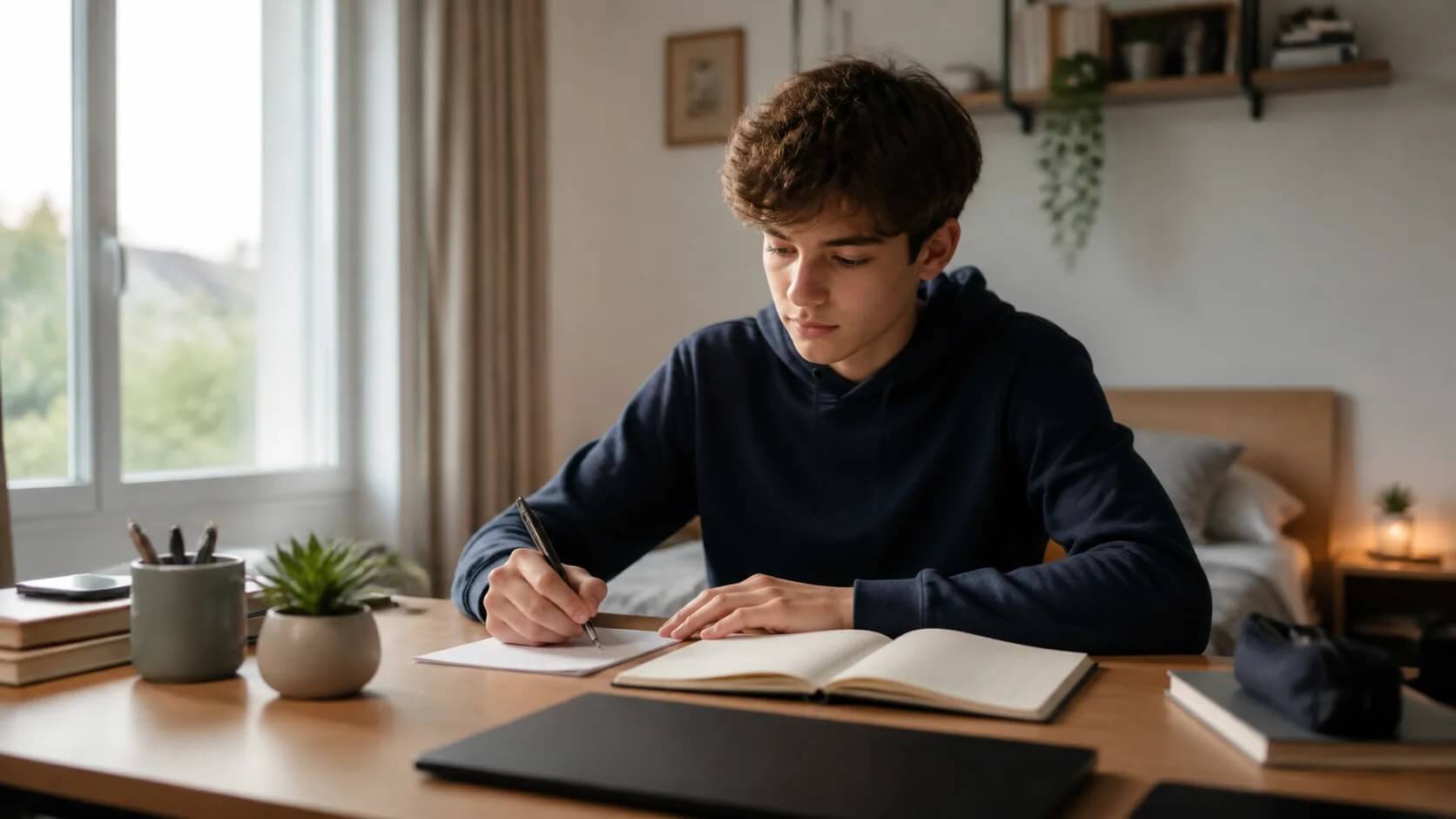 Adolescent reprenant ses devoirs dans un cadre de travail calme