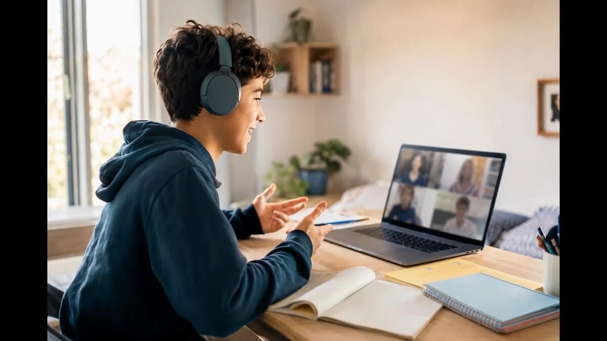 Adolescent participant à un cours d'anglais oral en ligne