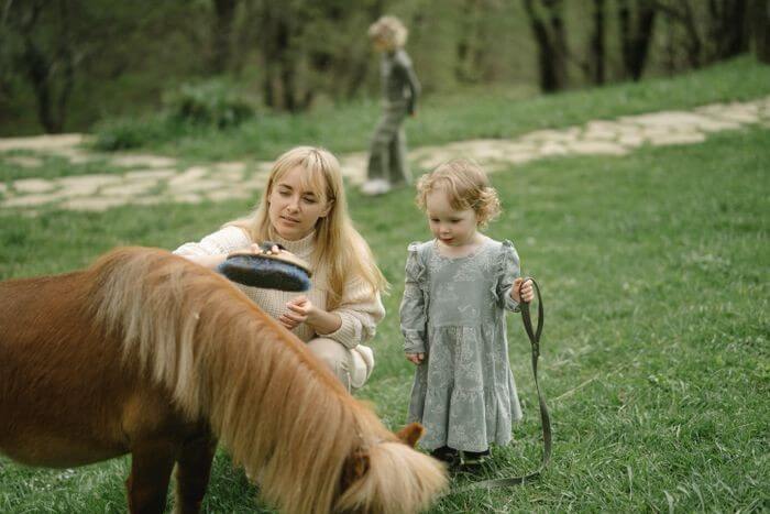 Enfant apprenant à interagir avec un poney