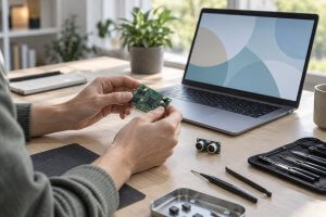 Mains qui examinent une carte électronique au-dessus d'un bureau avec un ordinateur portable