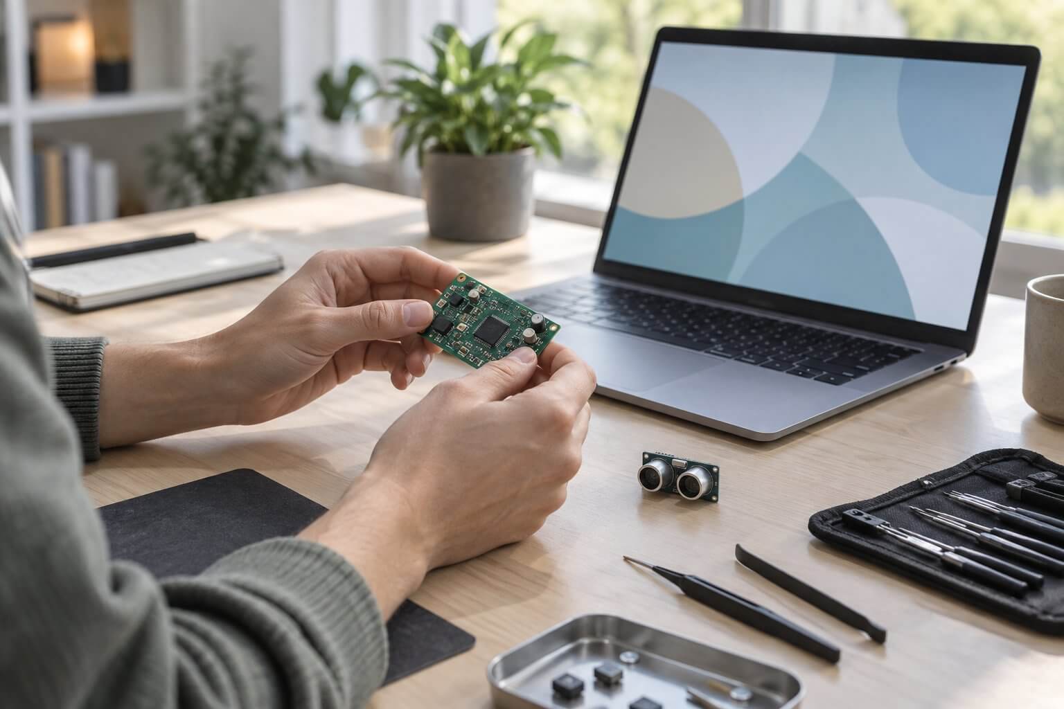 Mains qui examinent une carte électronique au-dessus d'un bureau avec un ordinateur portable