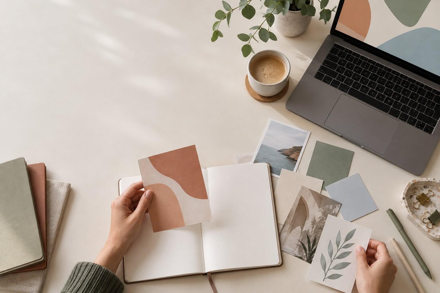 Mains qui trient des cartes visuelles sur un bureau, à côté d'un ordinateur portable et d'un carnet ouvert