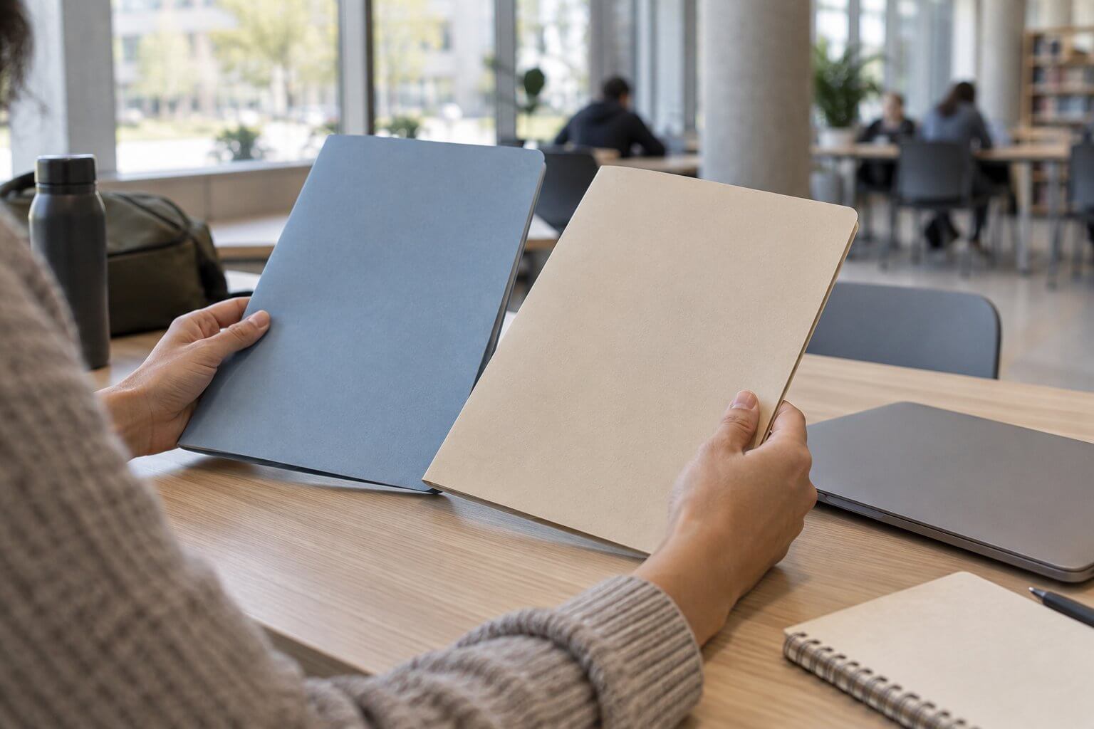 Mains qui comparent deux dossiers sur une table, dans une salle d'études