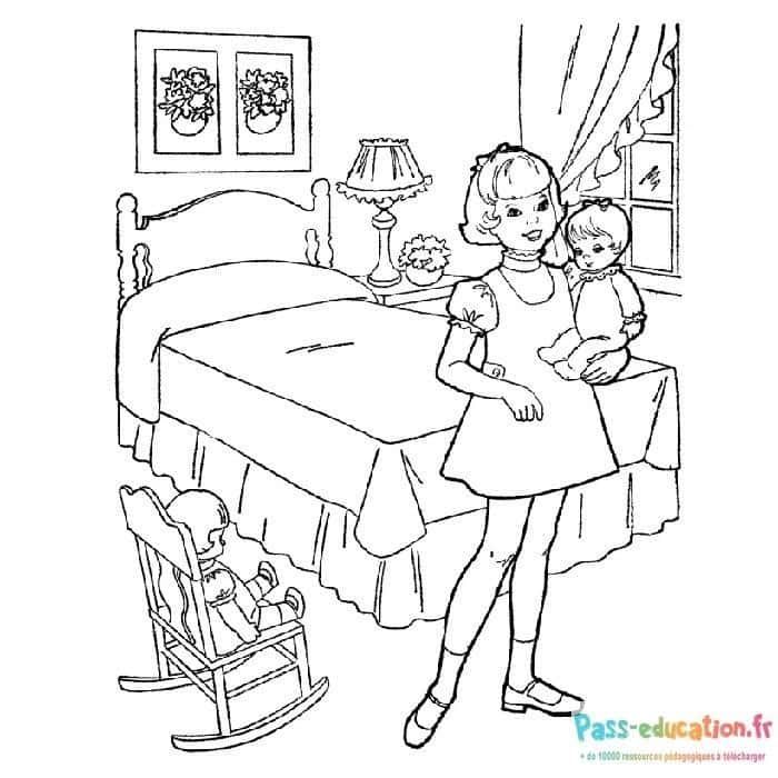 Coloriage Fille avec poupée à imprimer et colorier