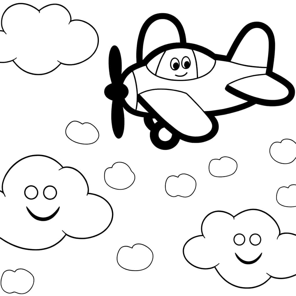 Coloriage Avion et nuages souriants à imprimer et colorier