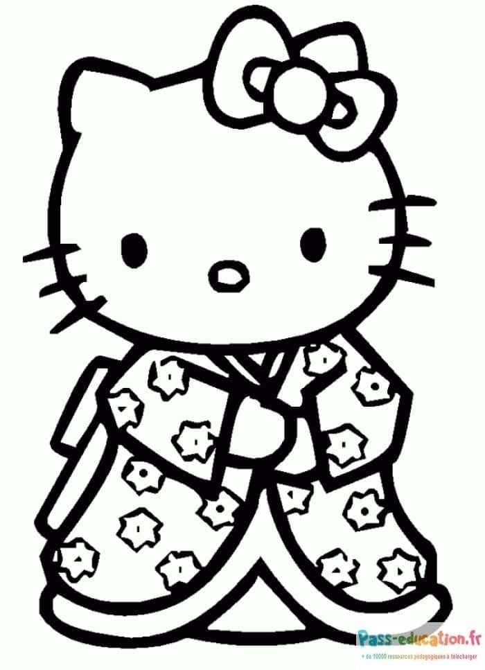 Coloriage Hello Kitty en kimono à imprimer et colorier