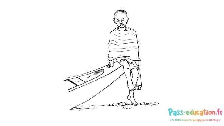Coloriage Enfant africain sur une pirogue à imprimer et colorier