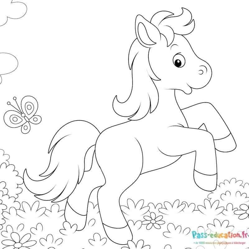 Coloriage Poney dans les fleurs à imprimer et colorier