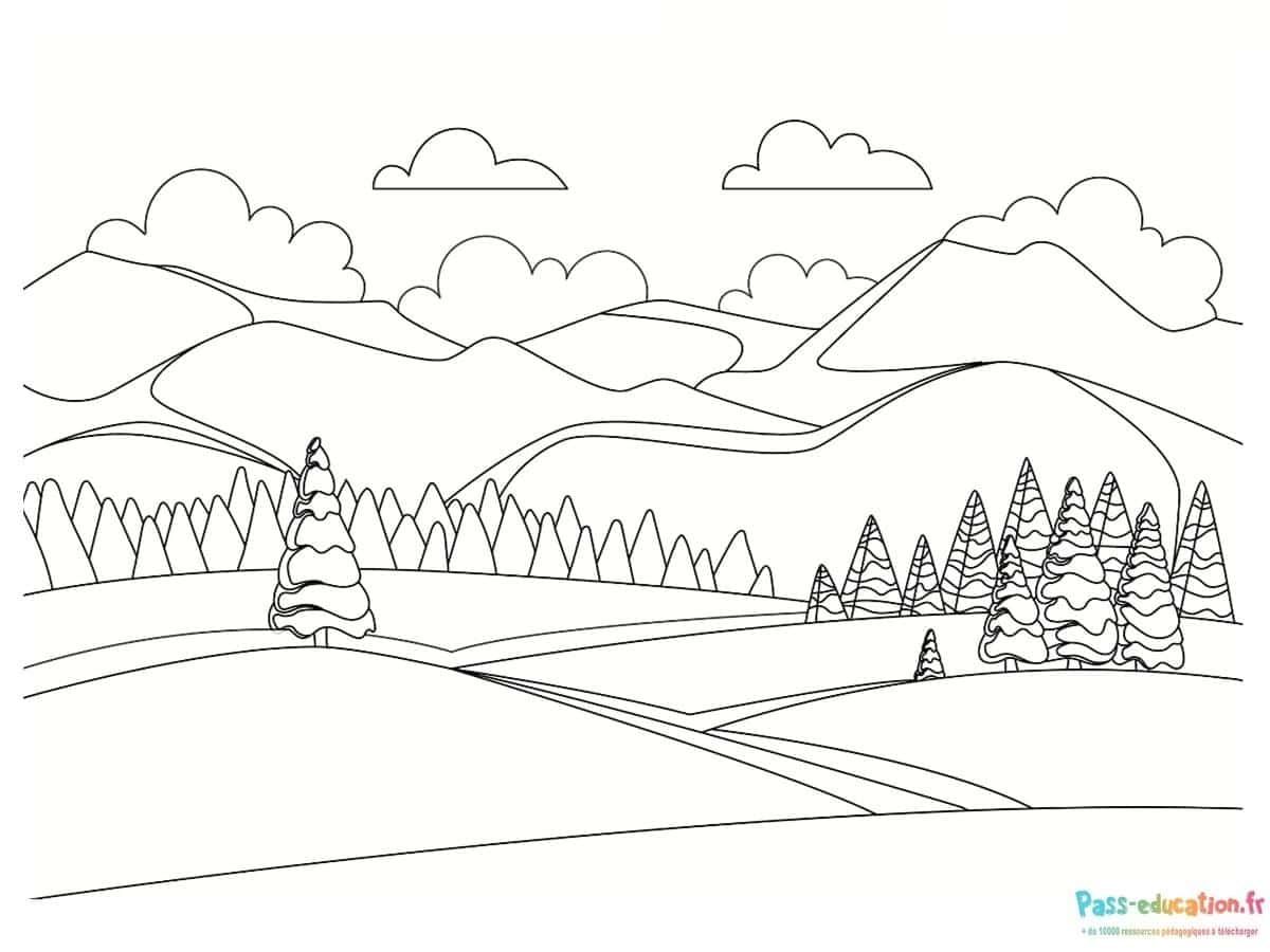 Coloriage Paysage montagneux à imprimer et colorier