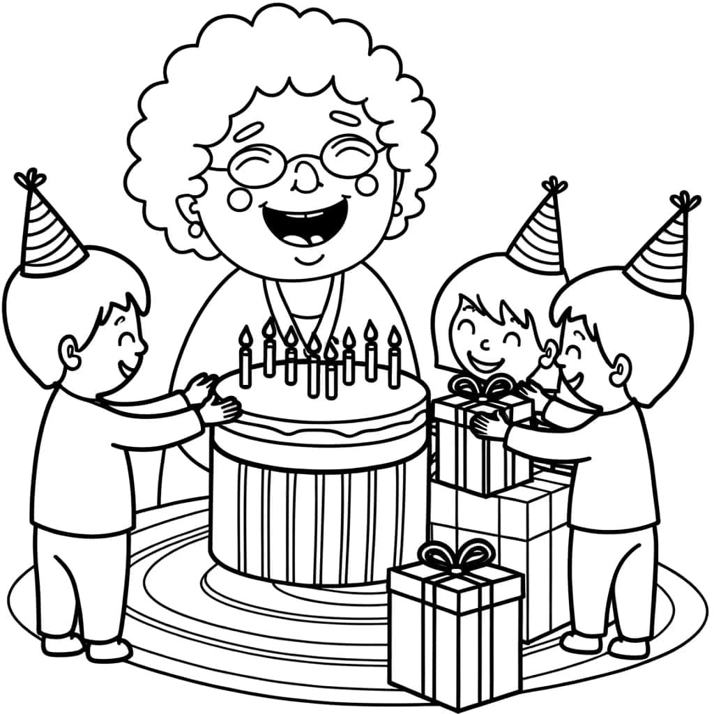 Coloriage Anniversaire chez Mamie à imprimer et colorier