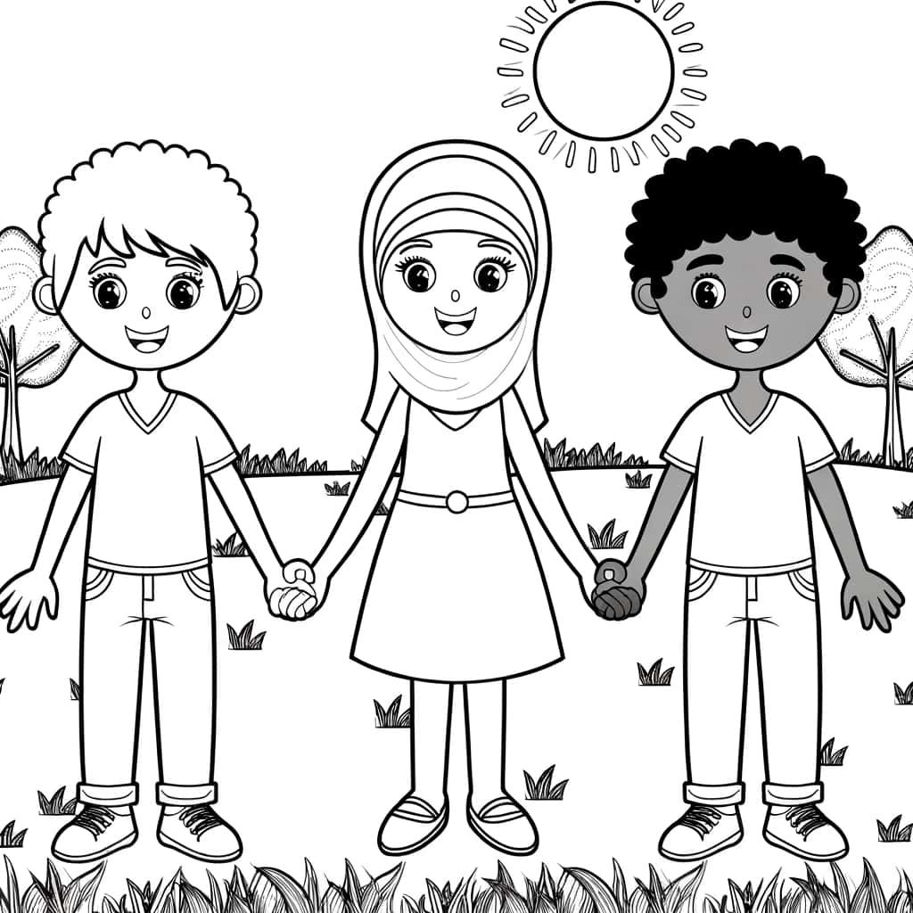 Coloriage Trois enfants main dans la main à imprimer et colorier