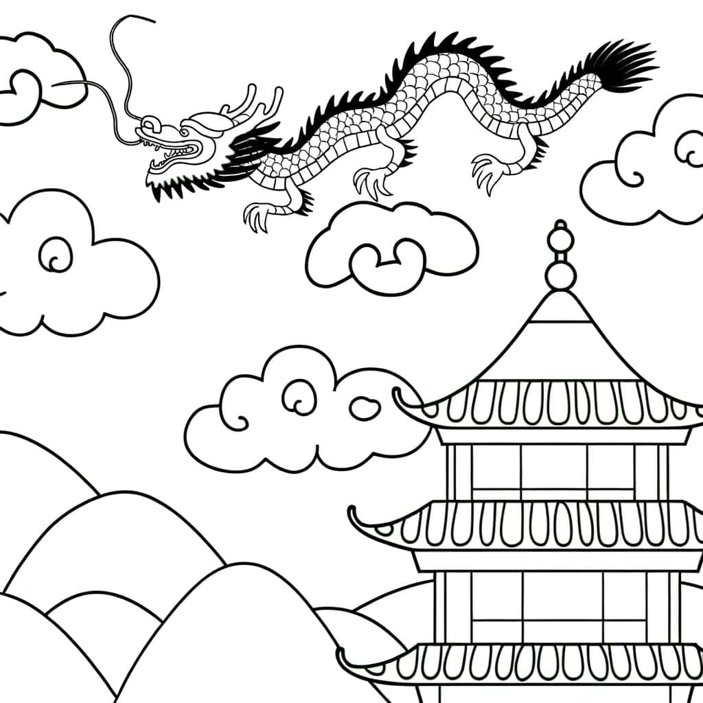 Coloriage Dragon chinois volant à imprimer et colorier