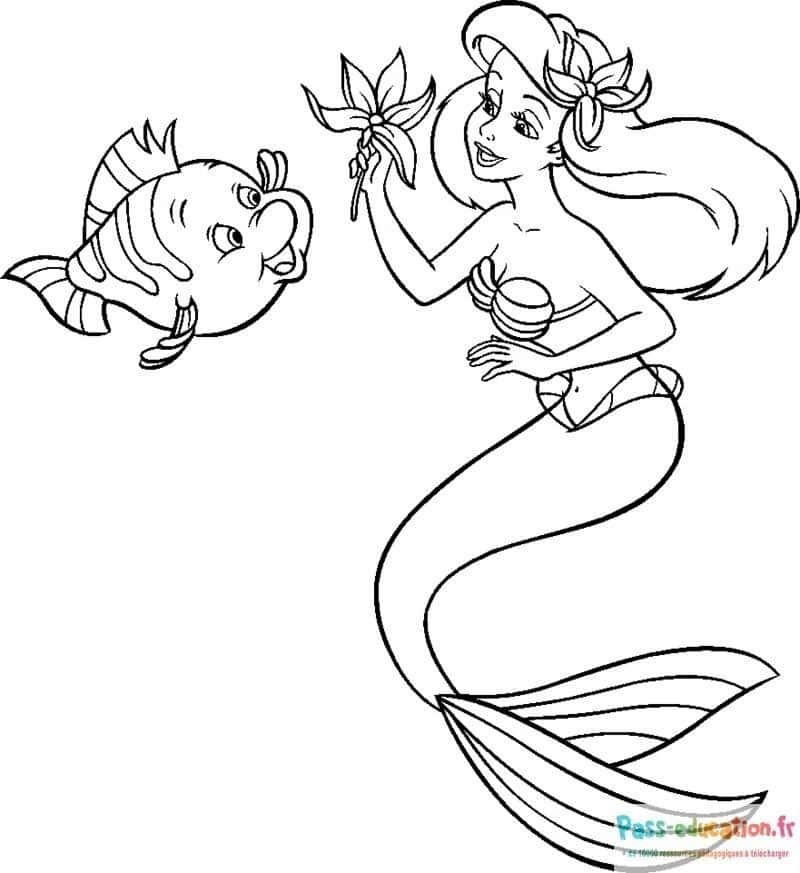 Coloriage Sirène et poisson à imprimer et colorier