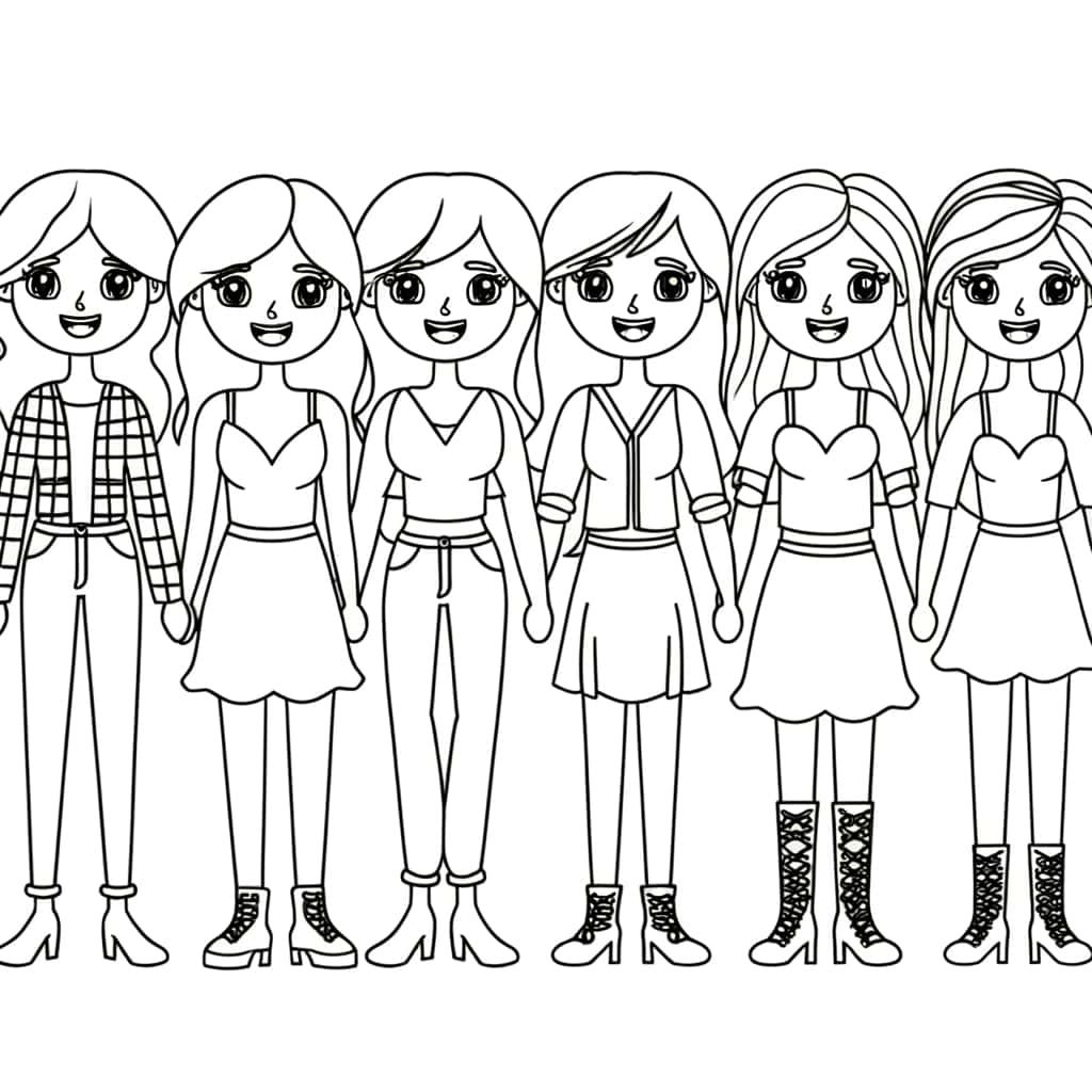 Coloriage Groupe féminin stylisé à imprimer et colorier