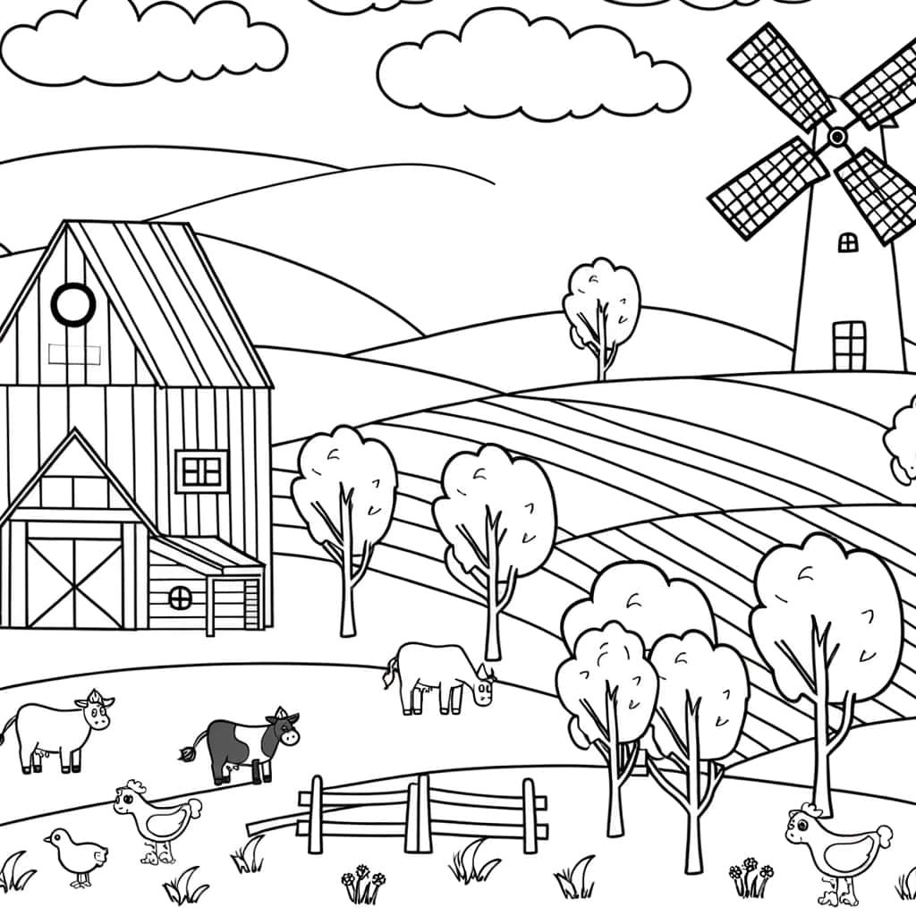 Coloriage Paysage de ferme à imprimer et colorier