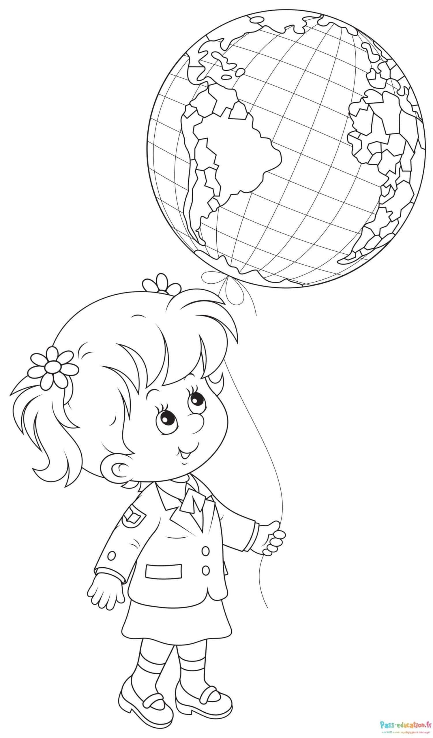 Coloriage Fille et globe terrestre à imprimer et colorier