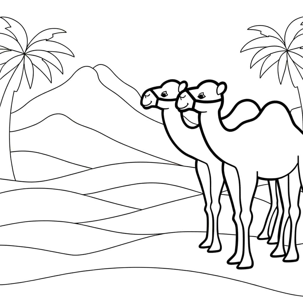 Coloriage Chameaux dans le désert à imprimer et colorier